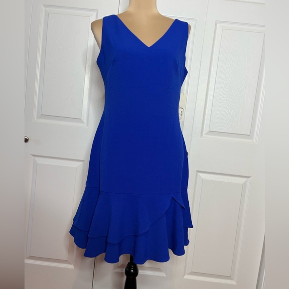 Eliza J Royal Blue sheath ruffled hem V-Neck Mini cocktail Dress, NWT, size 8 - Picture 3 of 17